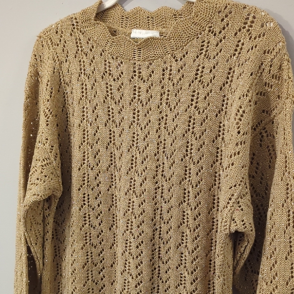 Vintage‎ Knit Sweater Tunic Long Gold Tan Metallic size Large image 2